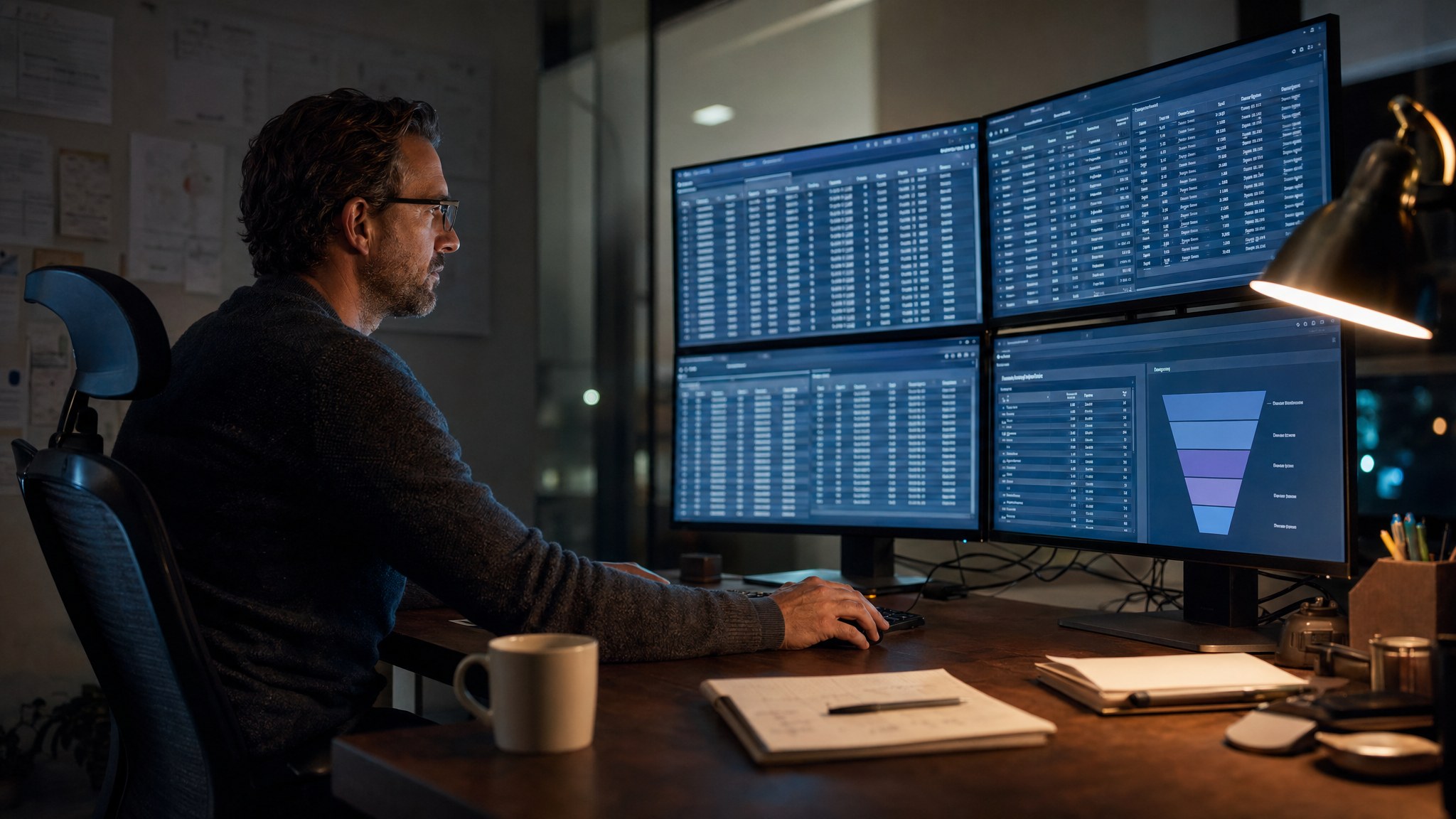 Intentwise AMC dashboards for DSP brands, analyst at four-monitor desk reviewing custom AMC queries