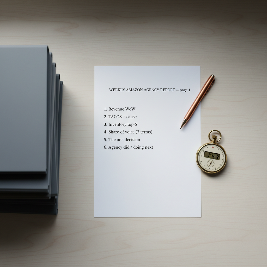 amazon agency weekly report, single printed page on desk next to running stopwatch, stack of thick binder reports pushed aside