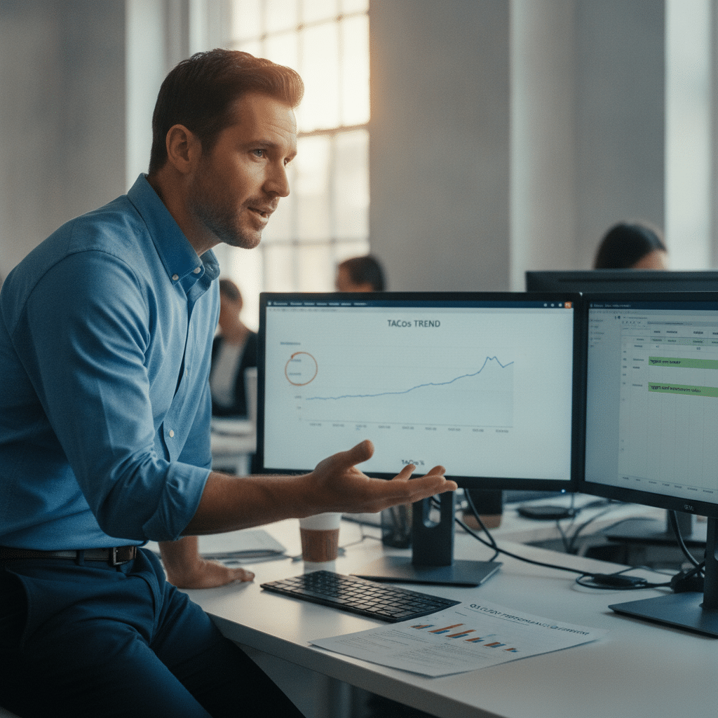 agency tacos accountability - account strategist at a two-monitor desk explaining a TACoS trend move
