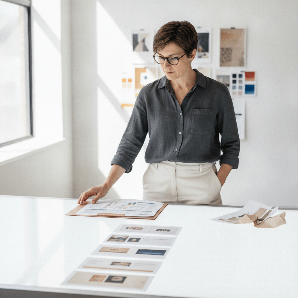 amazon a+ content modules - designer ranking printed listing module mockups on a studio light table