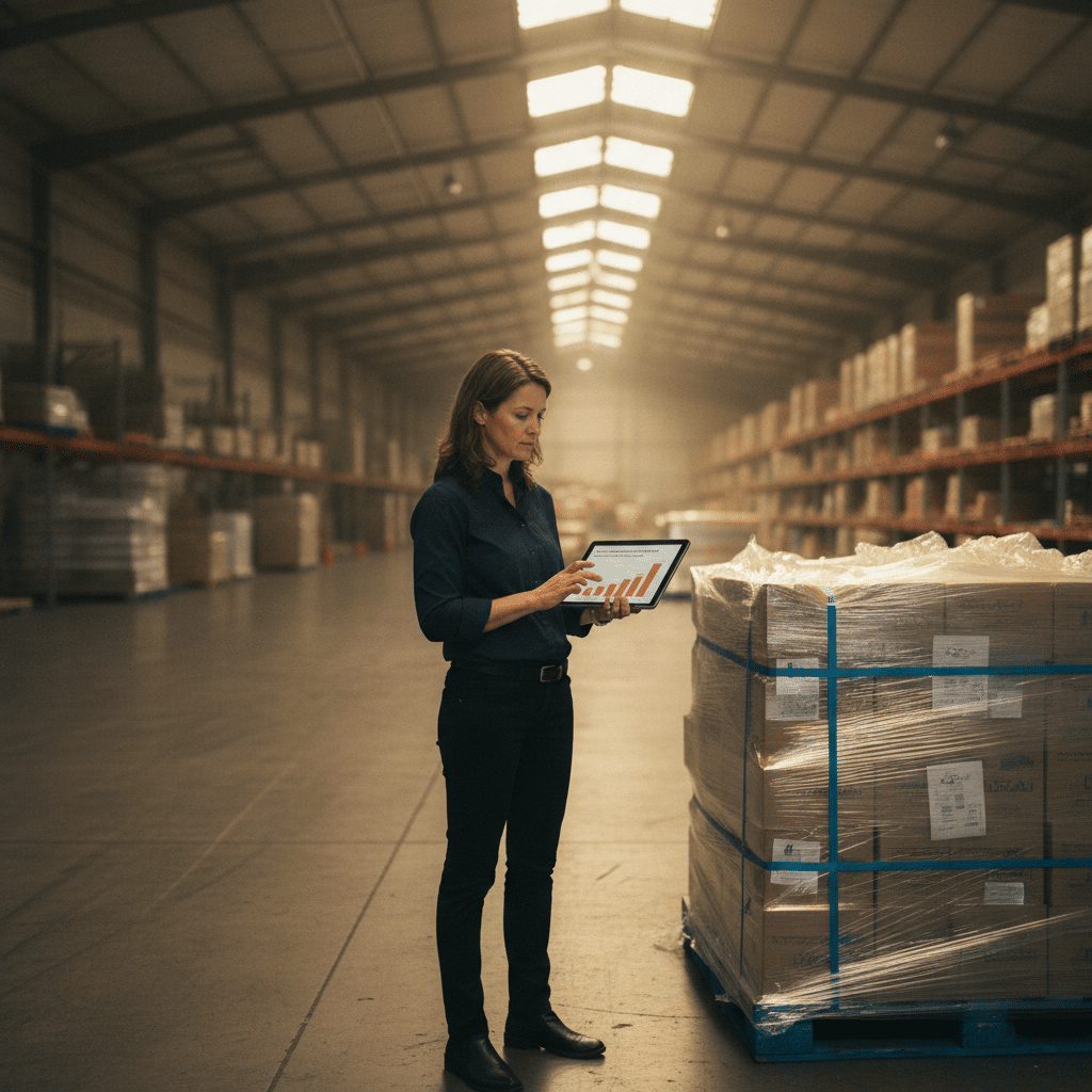 fba q4 capacity planning - operations lead studying a cubic-feet capacity chart on a sunlit warehouse floor
